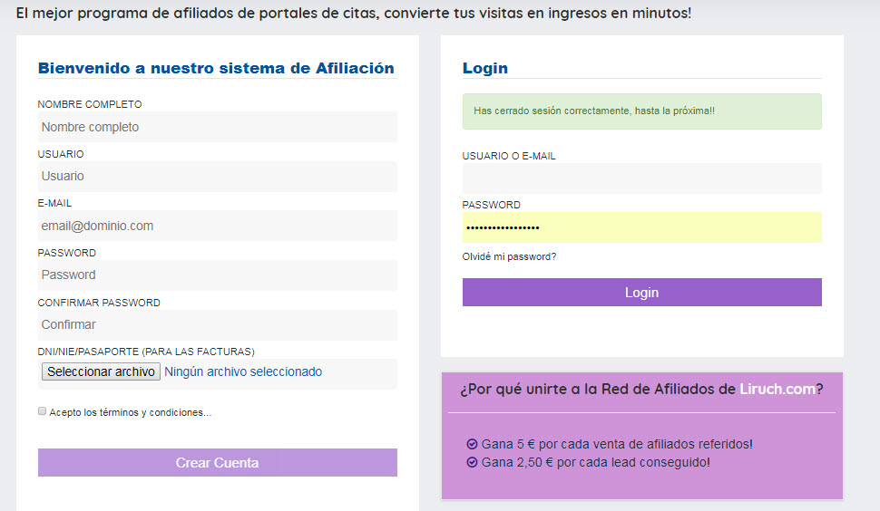 registro programa de afiliados Liruch